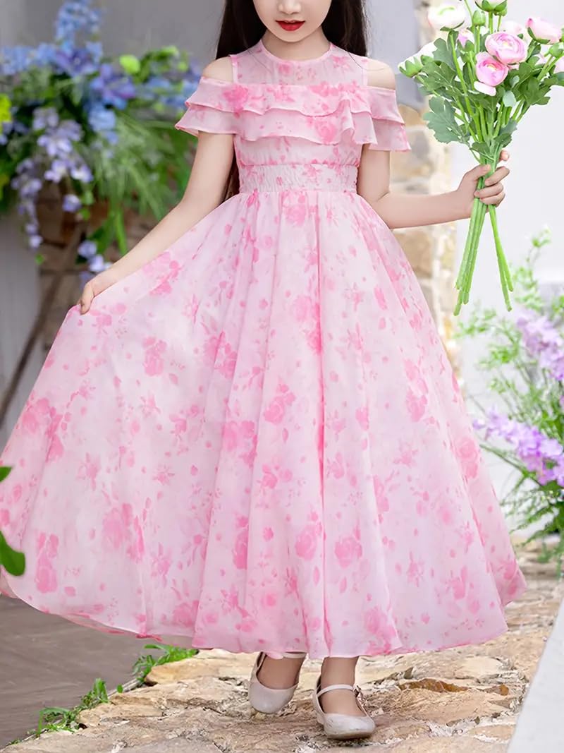 SKYCARRY Elegant Pink Maxi Frock for Girls Stylish Georgette Dress for Kids 5 to 12 Years Ideal for Parties, Birthday Wear, and Western Dresses for Girls