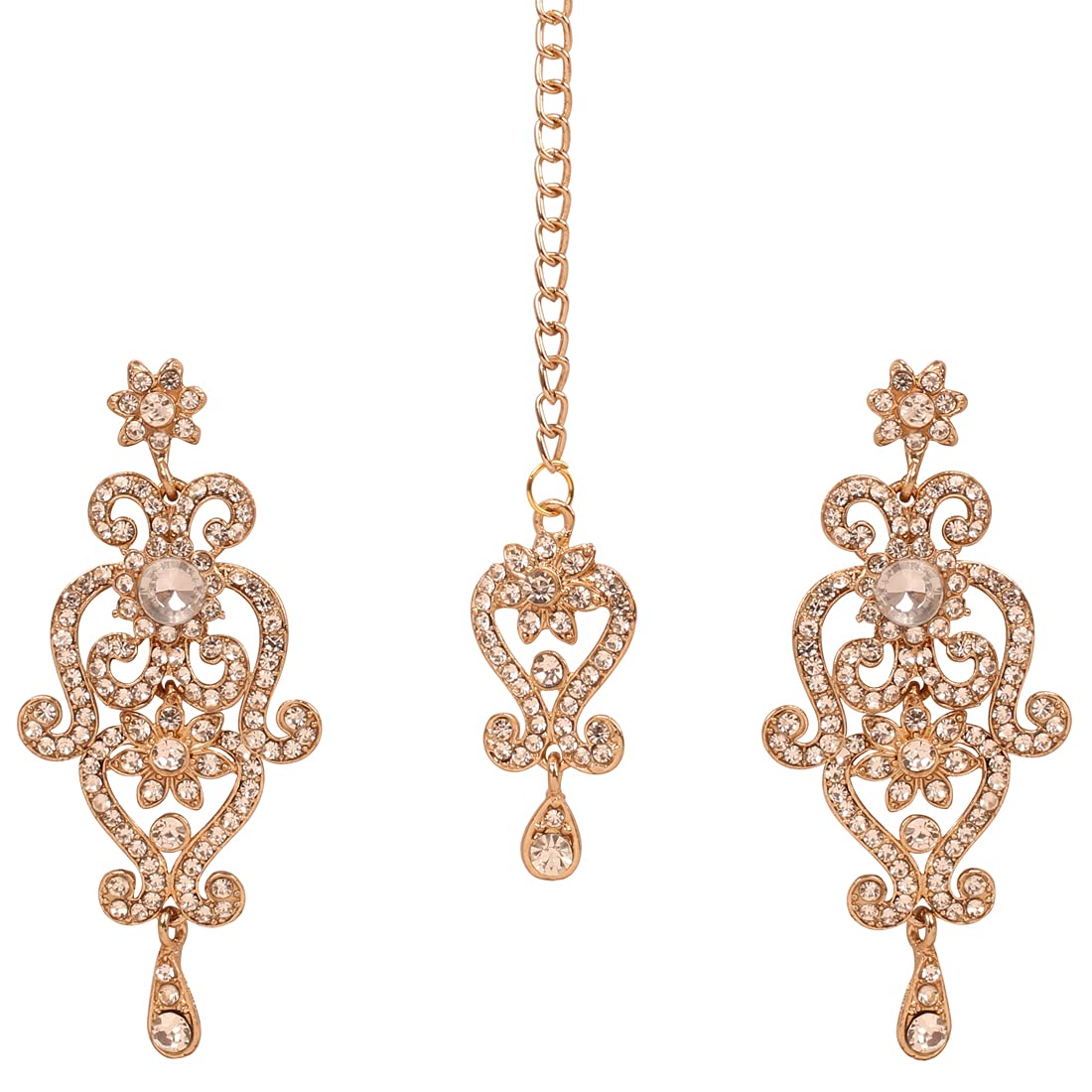 Touchstone Indian Jewelry Earrings maang Tikka Set for Women Head tika Forehead Hair Piece Combo Wedding Guest Gold Silver Chandelier Bollywood Style