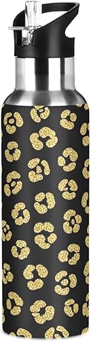 Gold Leopard Spots - Botella de agua de acero inoxidable negro de 20 onzas, botella de agua deportiva sin BPA con popote a prueba de fugas