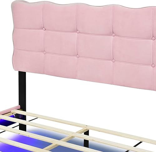 Miniatura 173 de Base de cama flotante tamaño Queen con luces LED y carga USB, marco de cama LED de plataforma tapizada moderna, no necesita somier (blanco-1)