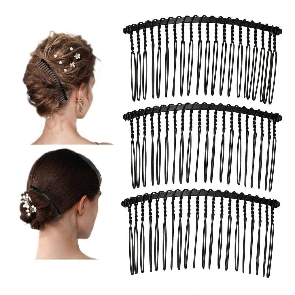 AKADO 3 Pcs Wedding Veil Hair Side Comb Metal Black Twist Wire Curved Classic French Styling 20 Teeth Hair Pin Clamp for Fine Hair Women Girl DIY Bridal Hair Accessories (Black)-image-29