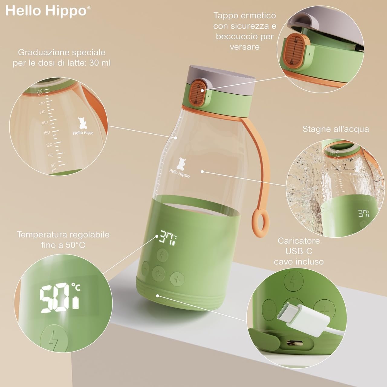 HELLO HIPPO® Premium Scaldabiberon portatile Carica USB - Scaldabiberon nomade per latte e acqua - Capacità 280 ml - incrementi di 30 ml - Temperatura regolabile fino a 50°C - Pratico e leggero