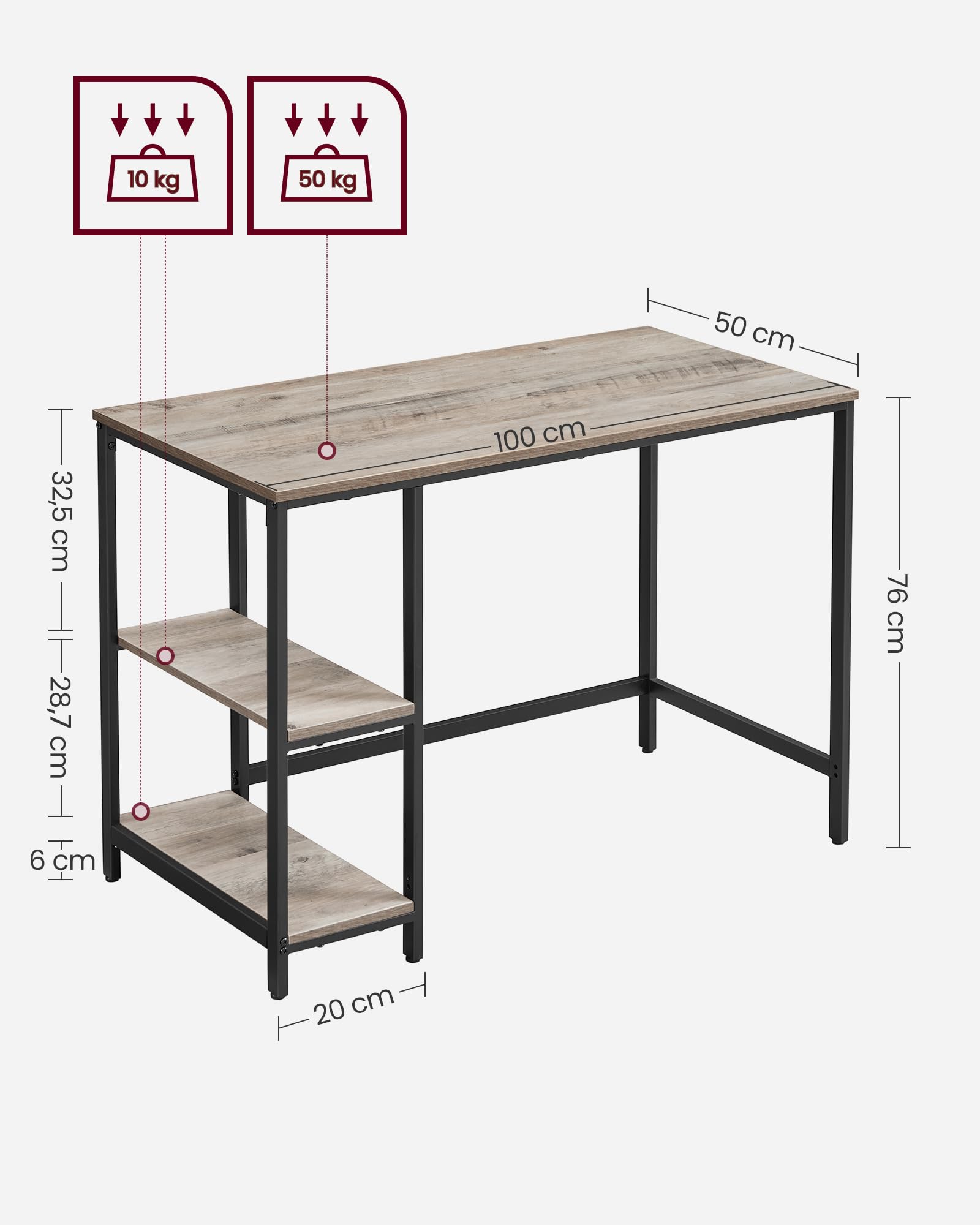 VASAGLE Biurko komputerowe, biurko biurowe, 100 x 50 x 76 cm, styl industrialny, do gabinetu, sypialni, salonu, szary melanż i czarny atrament LWD046B02