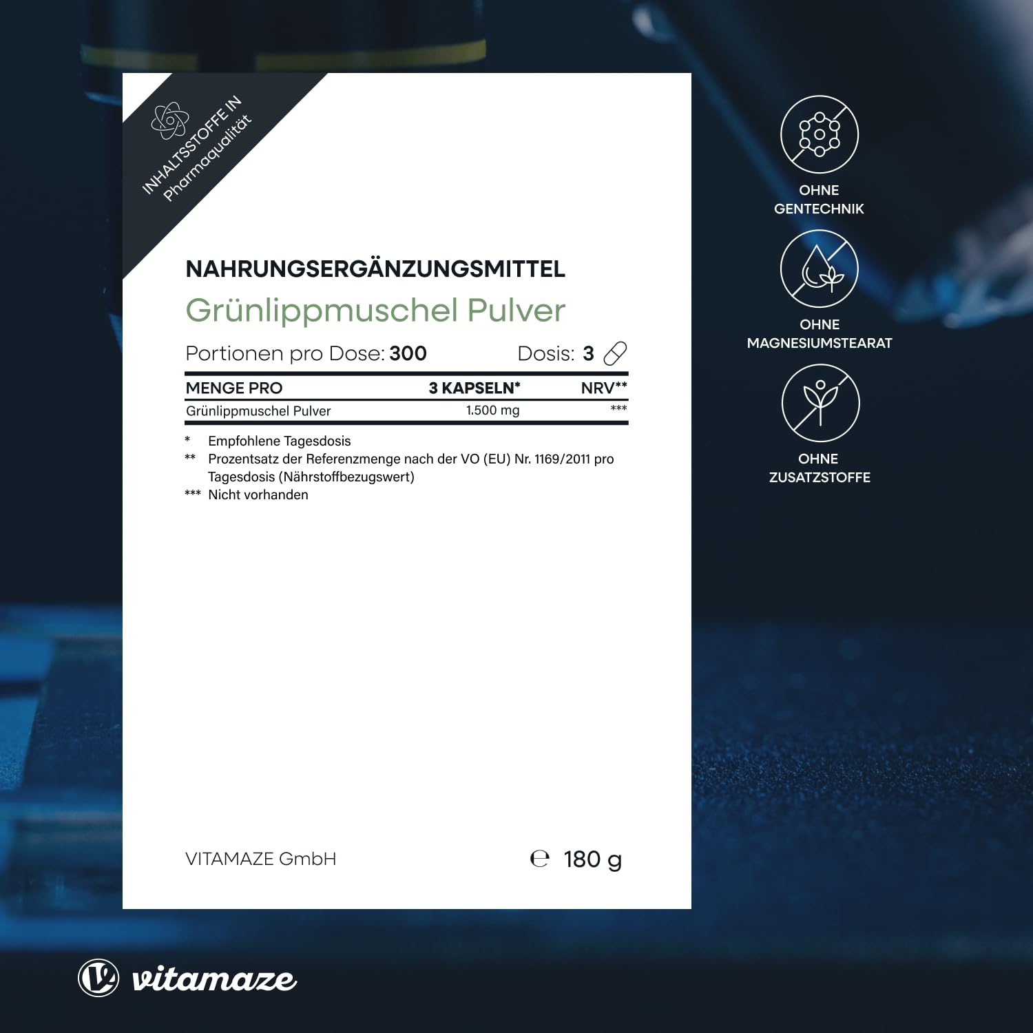 Vitamaze Grünlippmuschel Kapseln hochdosiert 1500 mg Grünlippmuschel Pulver aus Neuseeland pro Tagesdosis, 300 Kapseln. Natürliche Nahrungsergänzung ohne Zusätze, Made in Germany.