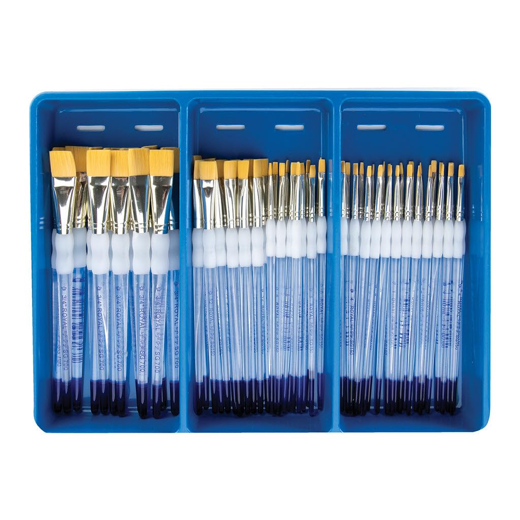 Royal Brush SGFLAT-72 miękki uchwyt płaski złoty włókno taklonowe antypoślizgowy gumowy uchwyt akrylowy pędzel do farby, różne rozmiary, 30 cm wysokości, 20 cm szerokości, długość 20 cm (opakowanie 72)