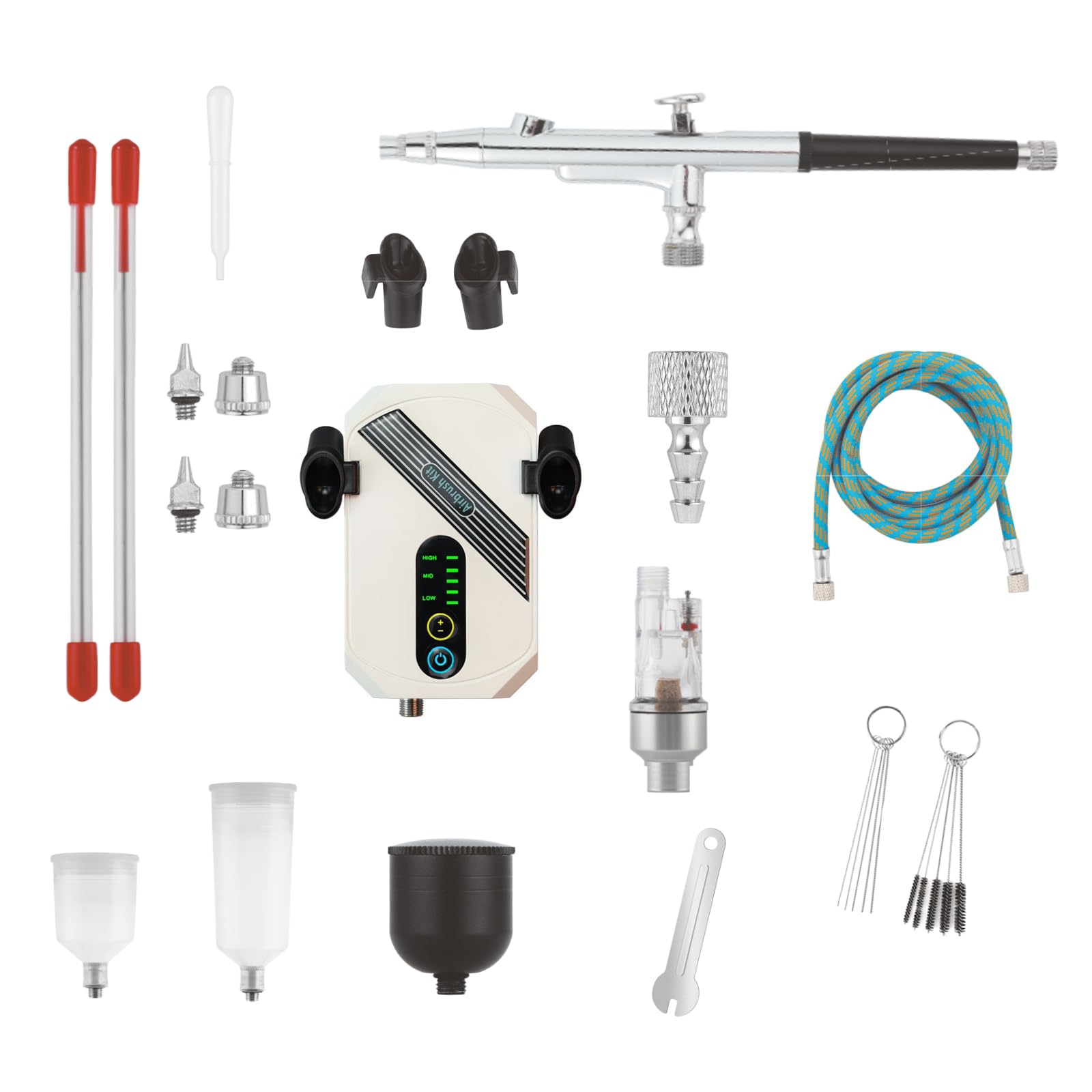 Kit compresseur aérographe 25-30 PSI avec buses de 0,2 mm et 0,5 mm, tuyau tressé, séparateur huile-eau et outils de nettoyage, pistolet de pulvérisation, peinture tatouage, ongles DIY
