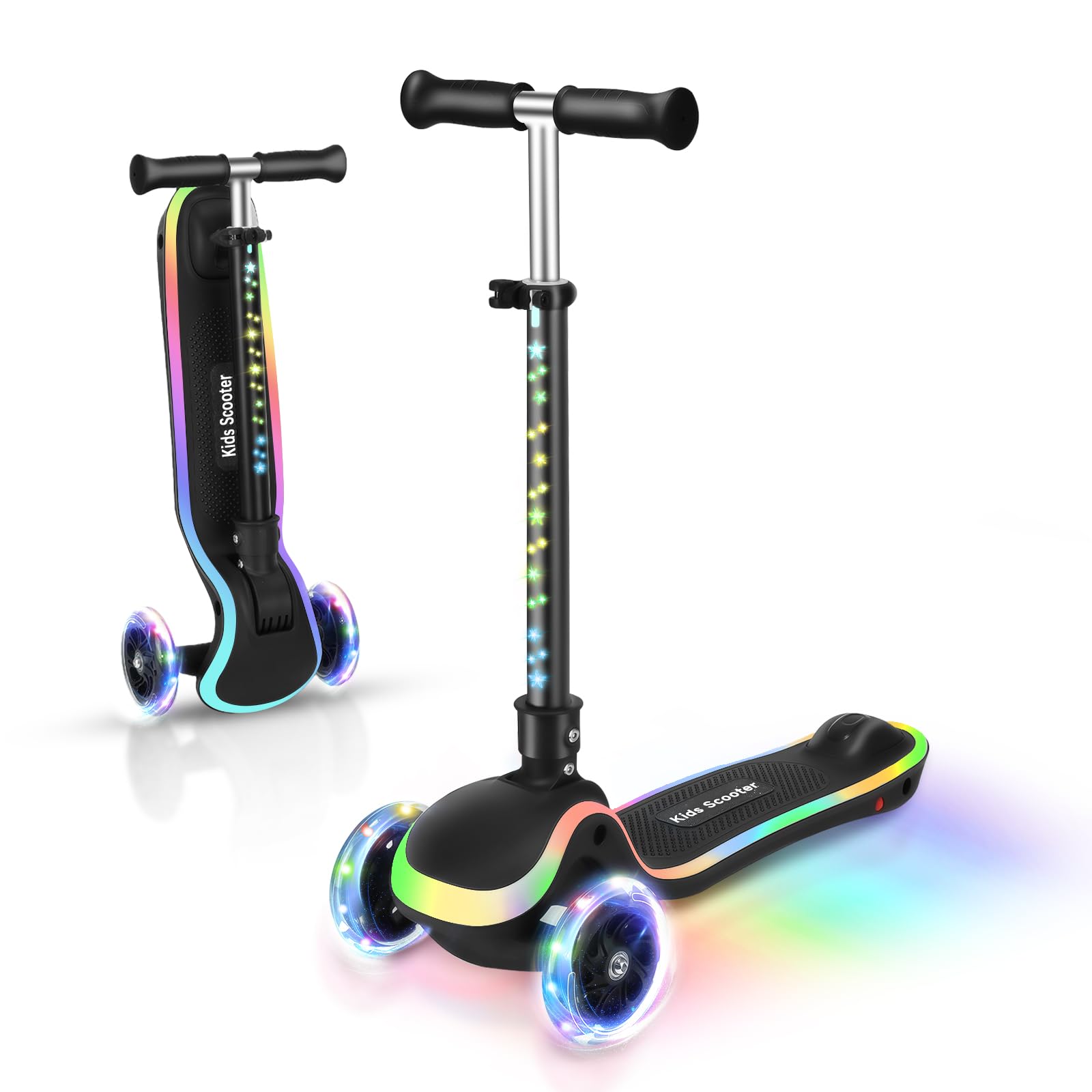 AODI 2 in 1 Scooter for Kids, 3 Wheel Toddler Scooter with Flip-able Seat, Easy Folding, Flashing Lights, Adjustable Height, Lean to Steer, Kick Scooter for Boys & Girls Ages 2-10