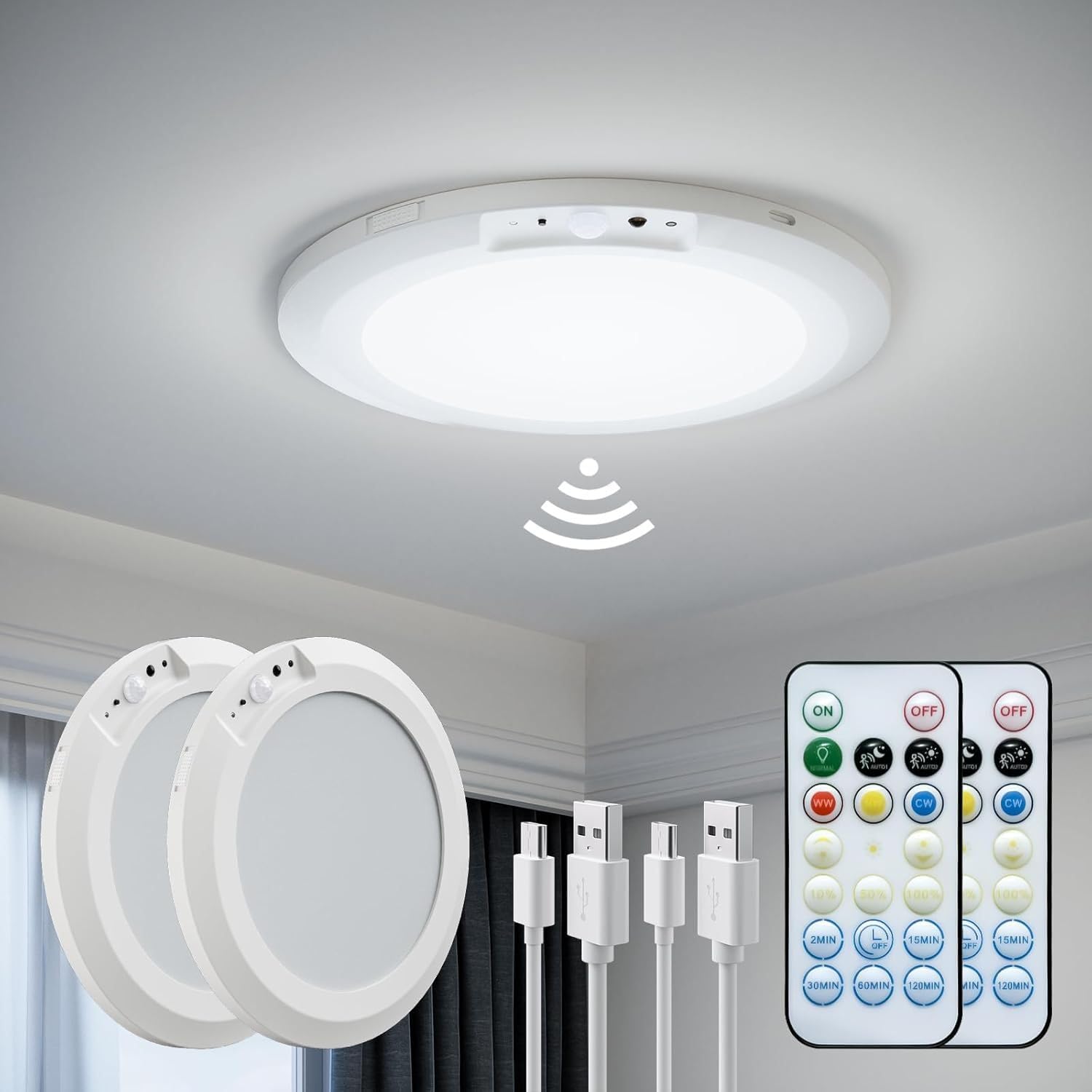 2 Pack Motion Sensor Light Indoor, Rechargeable Ceiling Light with Remote Control,10000mAh Battery Operated Closet Light,Magnetic LED Shower Lights,Ceiling Lamp for Bathroom Pantry