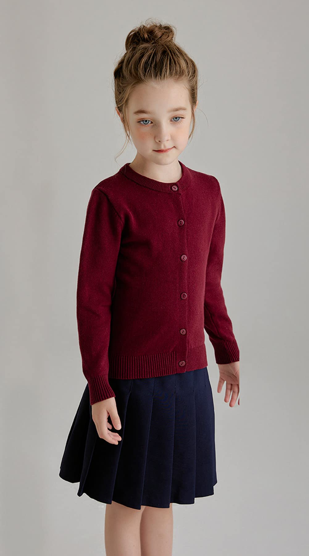 SMILING PINKER Cardigan da ragazza in cotone anti-pelucchi per uniforme scolastica, girocollo
