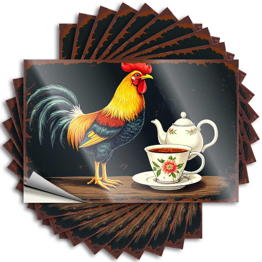 Funny Sticker Dorm Decorations Peel and Stick - A Rooster Sipping Tea: A Whimsical Morning Scene Water Personalized Waterproof Vinyl for Microfiber(12X18CM)