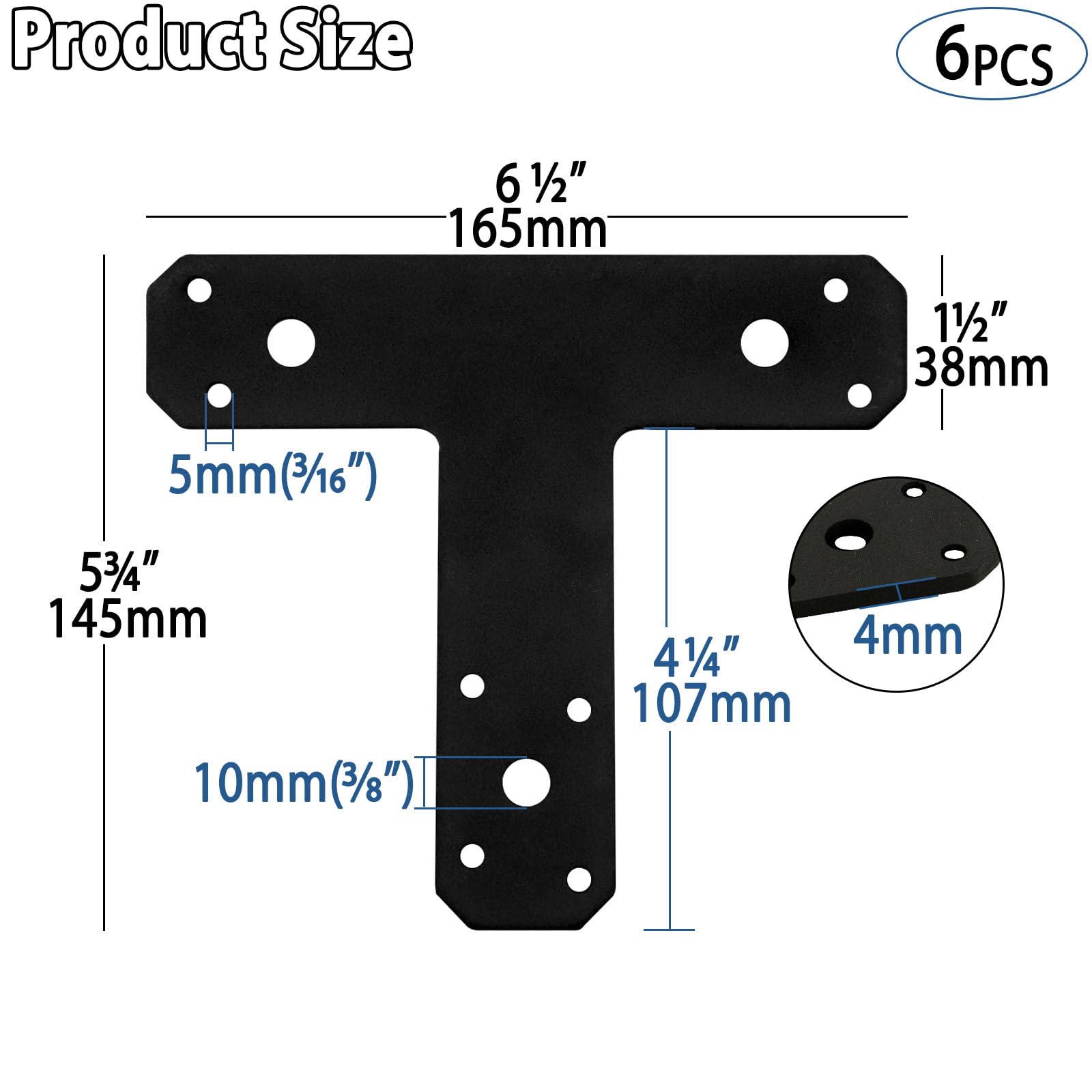 6 Pack Post Beam Connectors T Plate, Black T Tie Plates, Heavy Duty Beam Bracket,T Plate Bracket for Wood, Furniture, Truss Framing