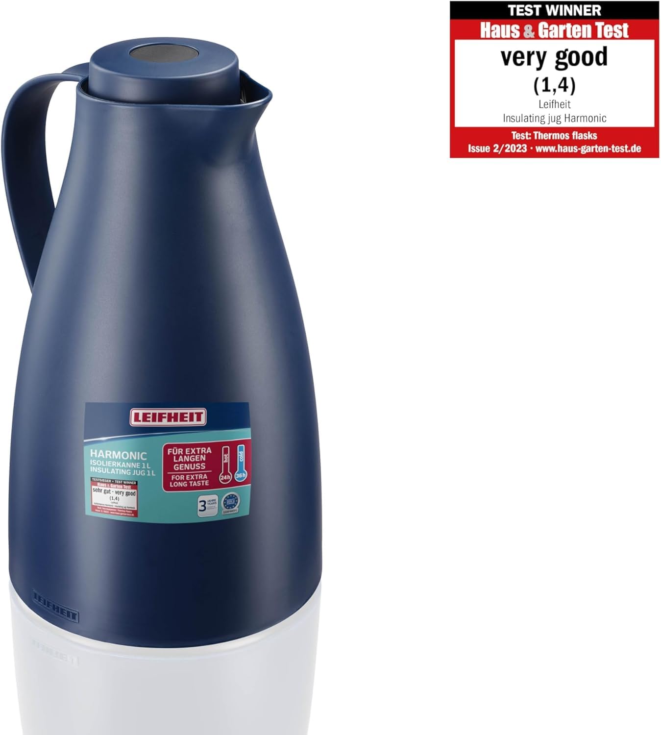 Caraffa thermos Leifheit Harmonic 1L, 100% a prova di perdite, borraccia termica caffè caldo fino a 24 ore, aprire, chiudere, servire con una mano, brocca per caffè senza BPA, teiera moderna, blu