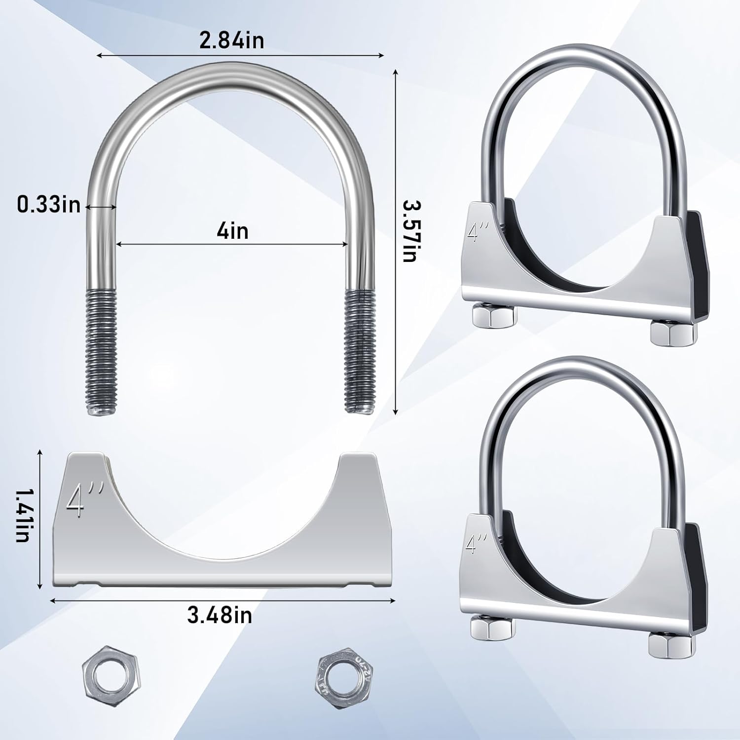 4 Pcs 4" Exhaust Clamp Heavy Duty U-bolt Exhaust Clamp - Saddle Design Muffler Pipe Connector, Tip Hook Clip, Galvanized Iron, Fits 4" Od Pipes