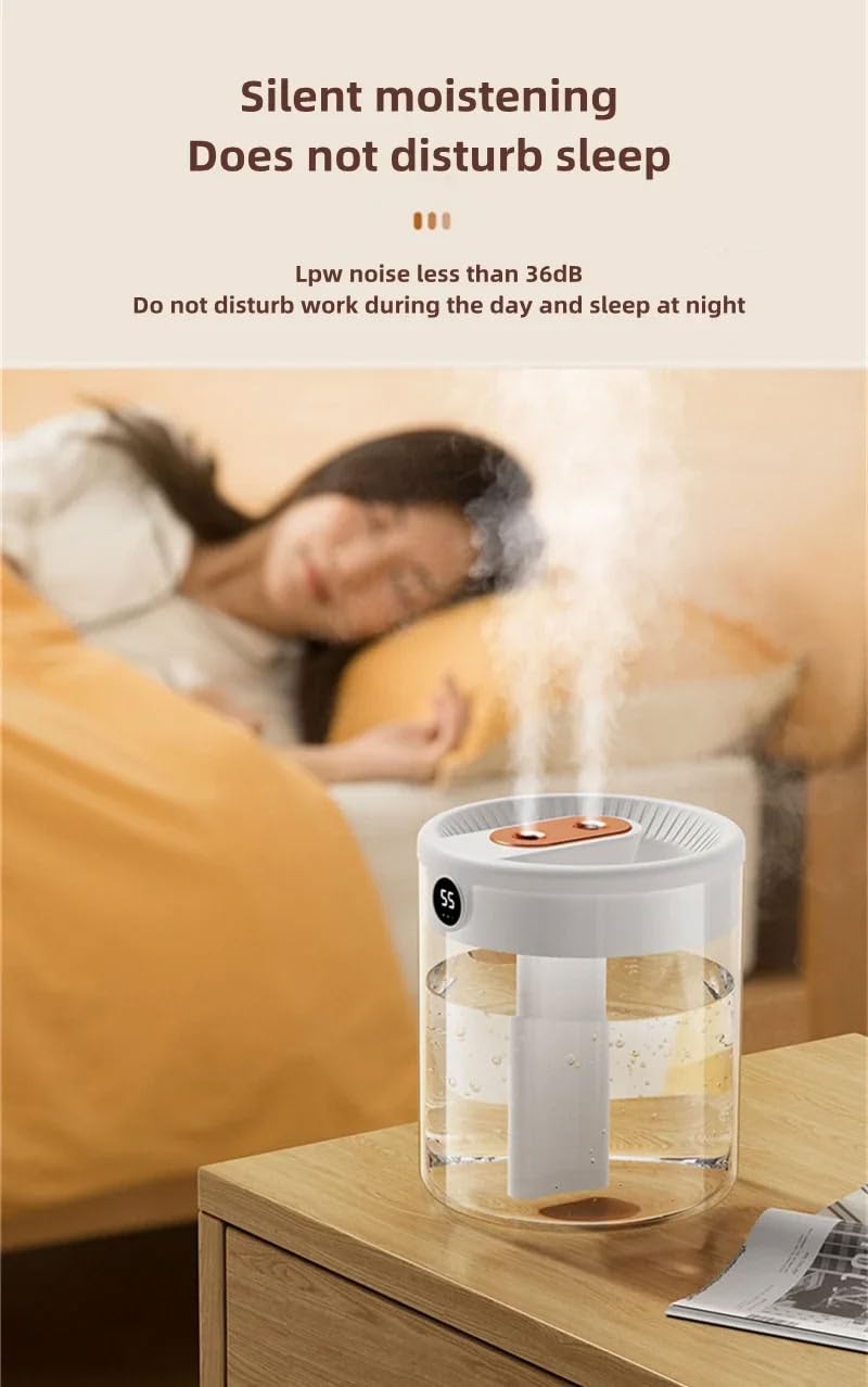 Umidificatore a nebbia fredda a ultrasuoni da 2 litri per camera da letto, diffusore d'aria USB silenzioso con doppi ugelli, display digitale, funzione aromaterapia, luce notturna, durata
