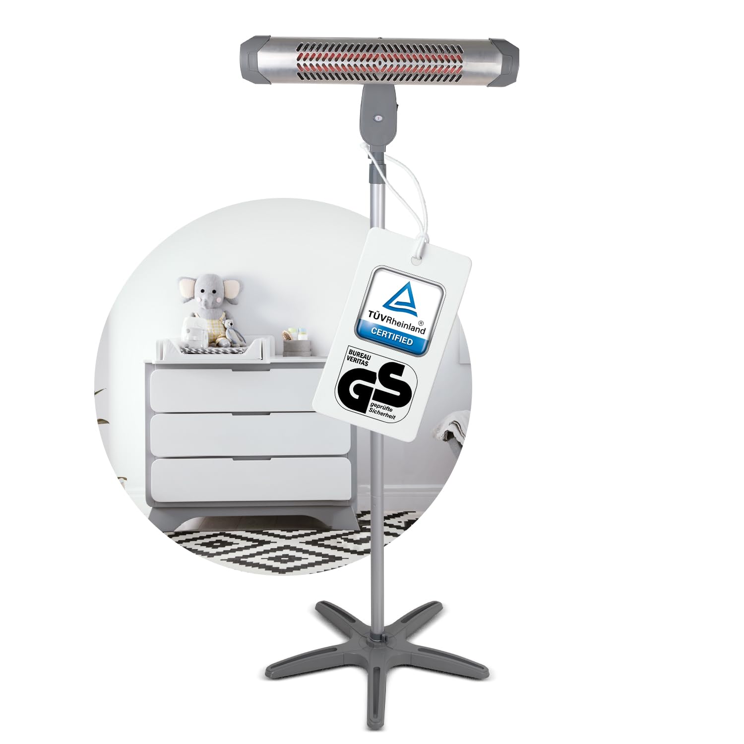 Babyruf BR 80 Wickeltisch Heizstrahler | 2 Heizstufen 400/800 Watt | Wandmontage oder Standgerät | Baby Heizstrahler mit Sicherheitsgeflecht | Wärmestrahler | Schwenkbar & Höhenverstellbar | grau