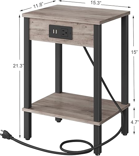 Miniatura 3 de VIMBER Mesa auxiliar con estación de carga, juego de 2 mesas auxiliares con puerto USB y tomas, mesitas de noche con estantes de almacenamiento de 2