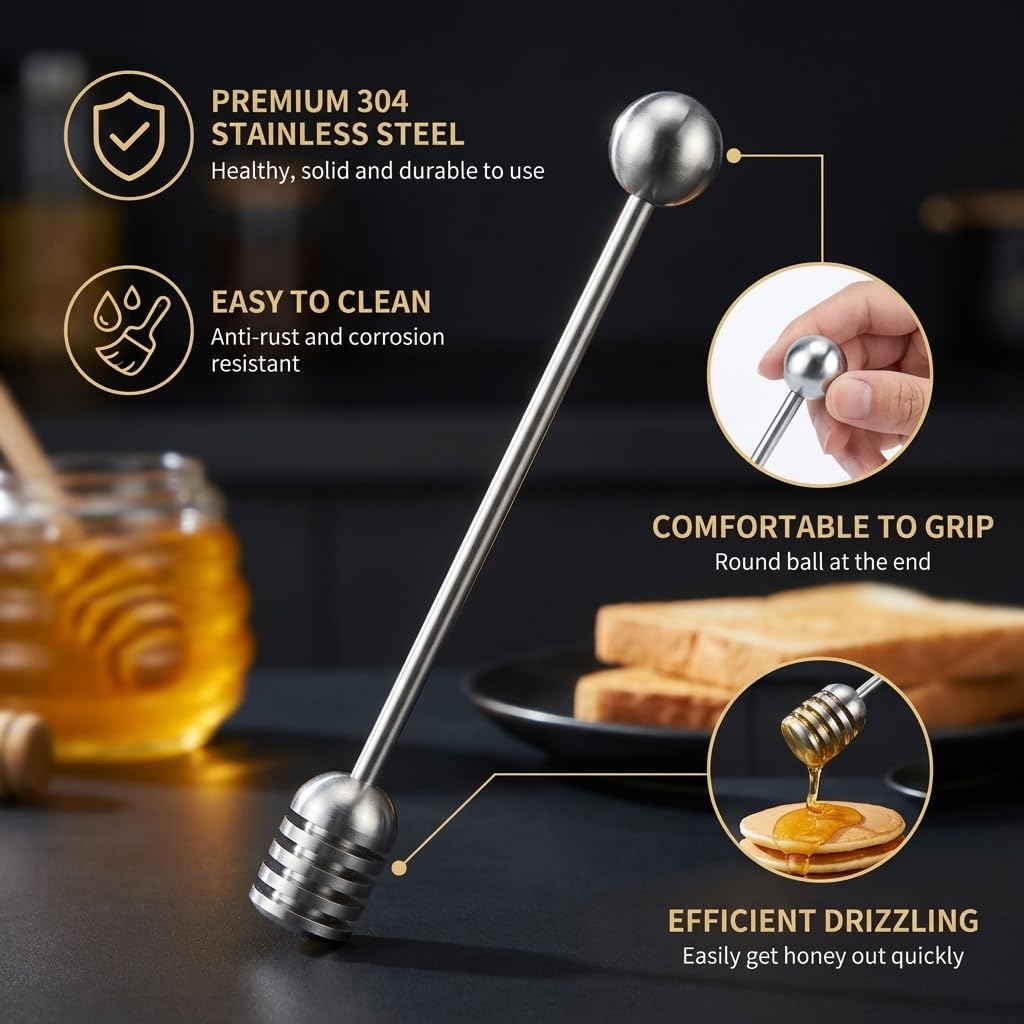 Honey Dipper Acero Inoxidable Sólido Honey Stirrer Spoon Anti-Rust Mixing Stick Tool para Honey Jam Jar Dispensar