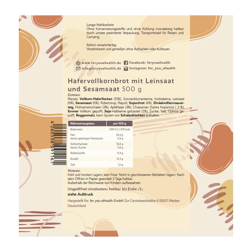 for you präbio brot 9x 500g - Saftiges, verzehrfertiges Hafer-Vollkornbrot mit Präbiotischen-Ballaststoffen für den Darm - Fitnessbrot - ohne künstliche Zusätze, schonende Herstellung