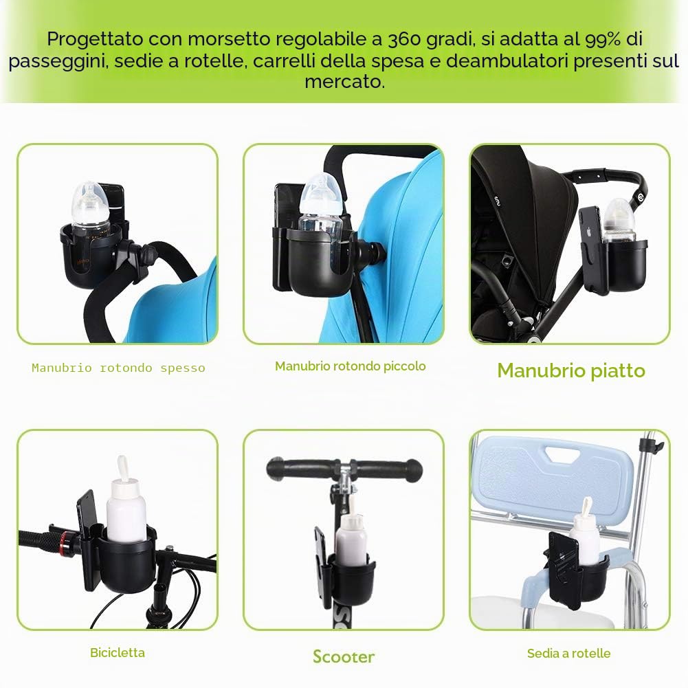 Accmor - Portabicchieri per Passeggino con Supporto per Telefono, Portabicchieri per Bicicletta, Portabicchieri Universale per Passeggini Uppababy, Nuna, Doona, 2 in 1 Portabicchieri e Supporto per
