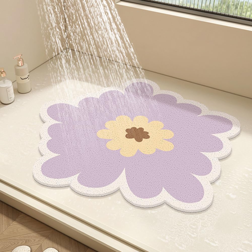 Shijhui Purple Round Shower Mat Flower Bath Mat For Inside Shower,Pvc Loofah Bathroom Floor Mat,Non-Slip Bathmat Anti Mould Shower Mat With Drain,Quick Drying (,50X50cm)