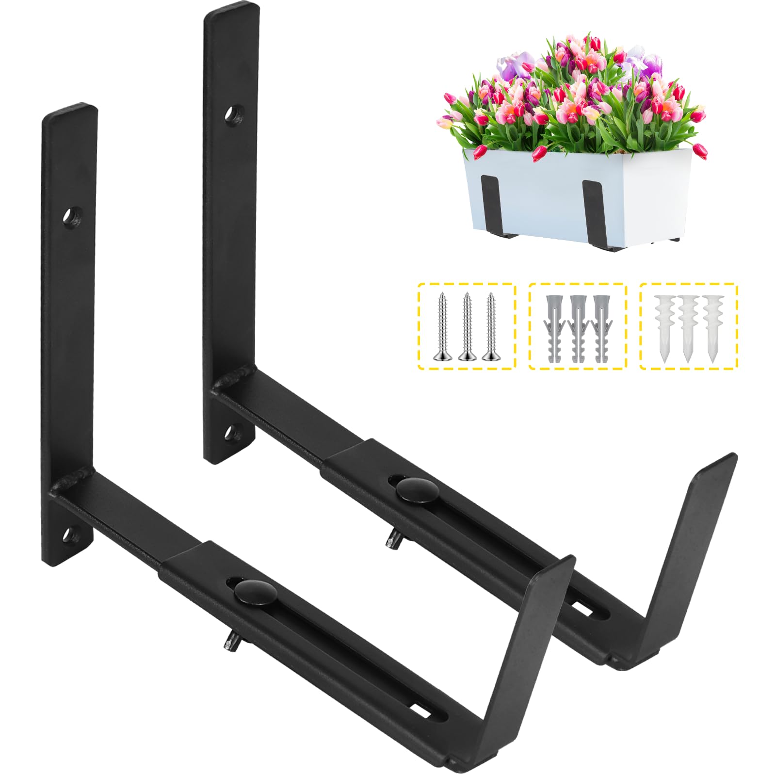 LukLoy Adjustable Window Box Brackets, 2 Pack Planter Box Brackets, Black