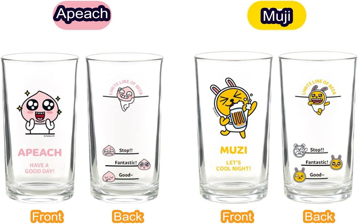 KaKao Mini Clear Glasses For Alcohol Drinks Set of 2(soju beer glass 소맥잔 ),Korean Soju Shot Glasses Set Character Soju Beer Glass, Best Gift For Party, Dishwasher Safe Clarity Glassware, Apeach, Muji