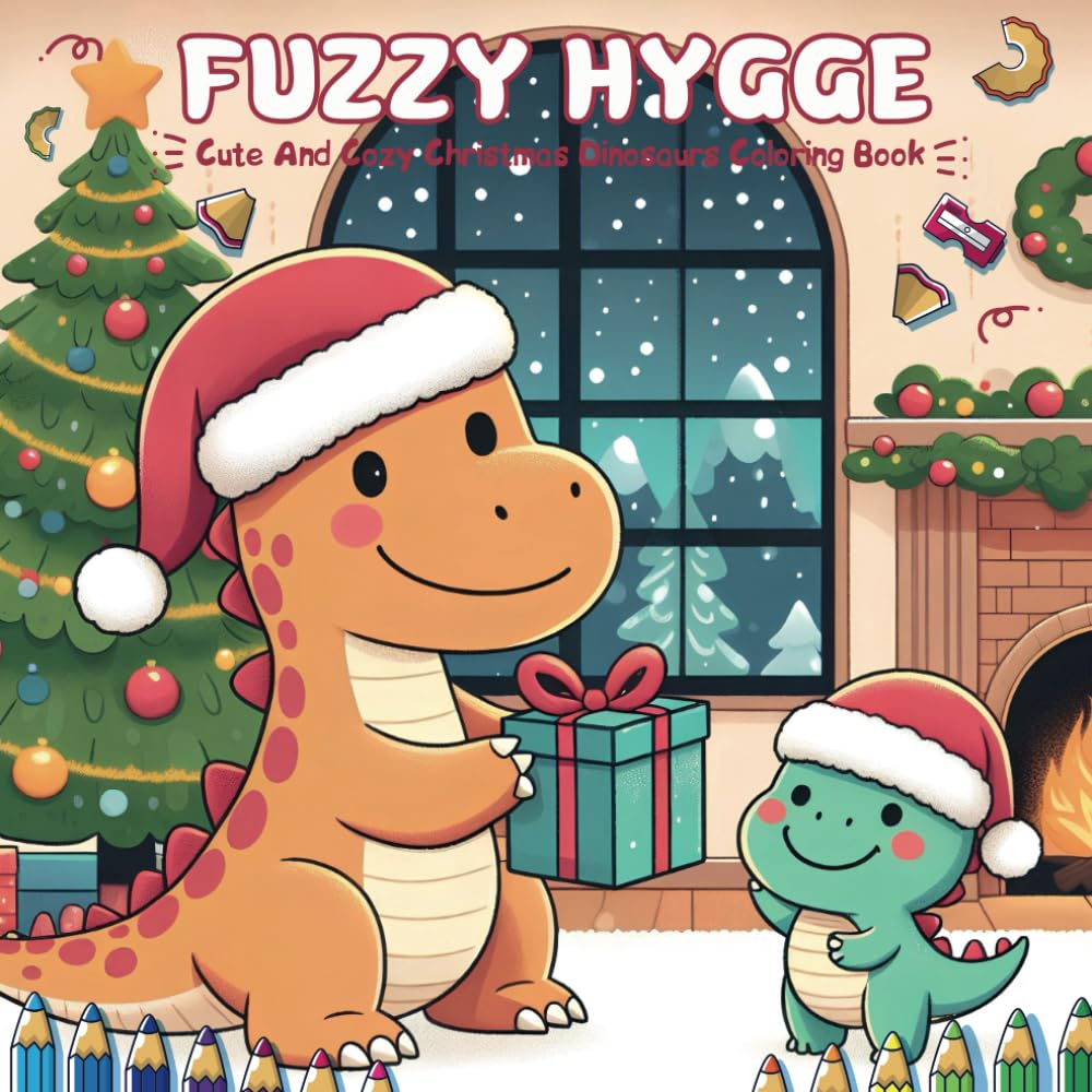 Fuzzy Hygge Cute and Cozy Christmas Dinosaurs Coloring Book: Featuring 50 adorable creatures and their prehistoric best friends enjoying warm holiday scenes
