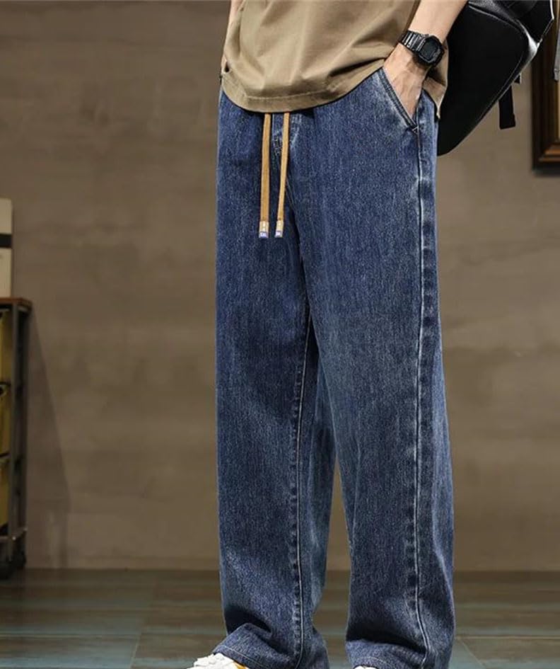 Men Drawstring Jeans Y2k Style Loose Fit Straight Denim Pants Wide Leg Casual Streetwear Trousers2