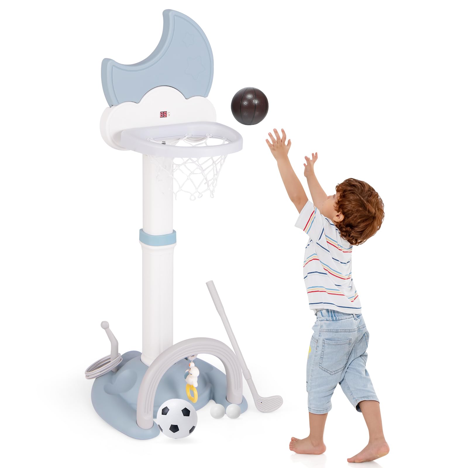 GOPLUS 4 en 1 Panier de Basket Enfants Réglable 114-152 cm, Effet Sonore de But, Tableau de Score Electronique en Forme de Lune, Football, Jeu de Golf, Anneaux, pour Intérieur Extérieur (Bleu)