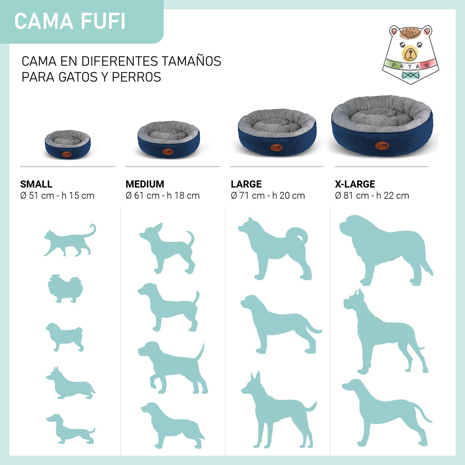 PATAM Cama para Perros y Gatos – Cama Redonda con Bordes Acolchados – Universal para Todas Las Estaciones – Antideslizante, con Funda Lavable a máquina – Fufi Azul, Extra-Large 81 cm