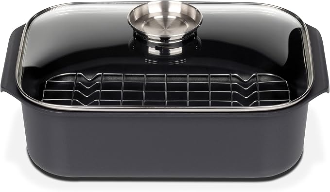 GSW Asador rectangular gourmet con tapa de cristal aromático e inserto para parrilla, aluminio fundido, negro, ø aprox. 40 x 26 x H 11 cm