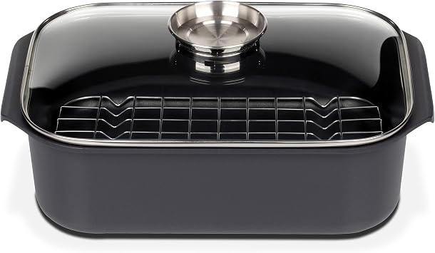 GSW Gourmet rectangular roaster with aroma glass lid and grill insert, cast aluminum, black, approx. 40 x 26 x H 11cm