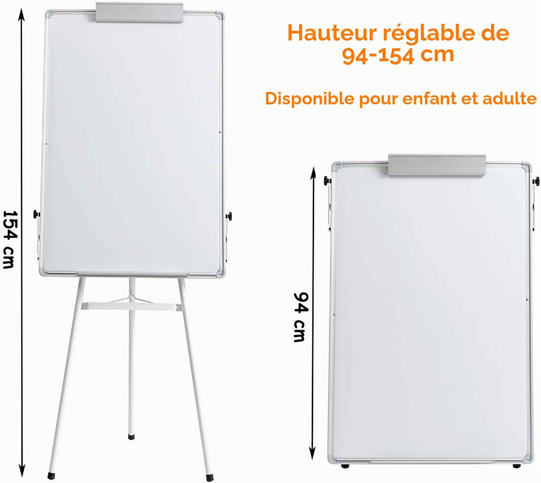 DOEWORKS Tableau Blanc Chevalet 90 x 60cm avec Trépied Support, Tableau Magnétique Effaçable à Sec, Hauteur Réglable & Pliable pour Maison École Bureau, Blanc