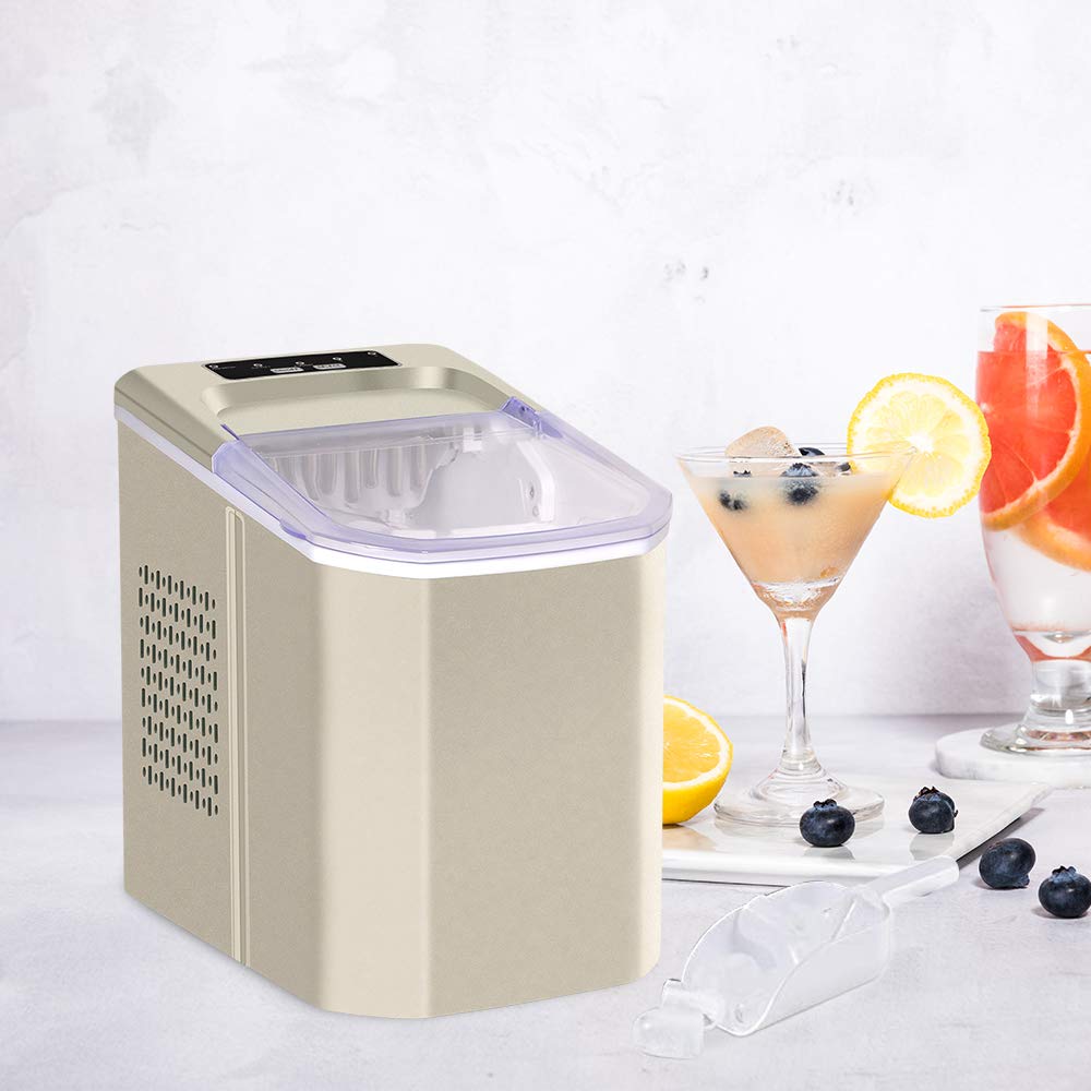 Saadiya Ice Maker Machine Small Portable Ice Machine Maker Ice Cube Maker Portable Counter Top Home Ready in 6-13 Mins Electric Silent Ice Machine with Removable Basket and Scoop,Champagne