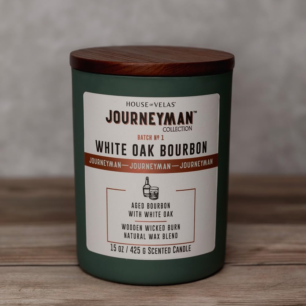 House of Velas Journeyman Collection Candle, 15oz, Wooden Wick, White Oak Bourbon, Large Painted Jar