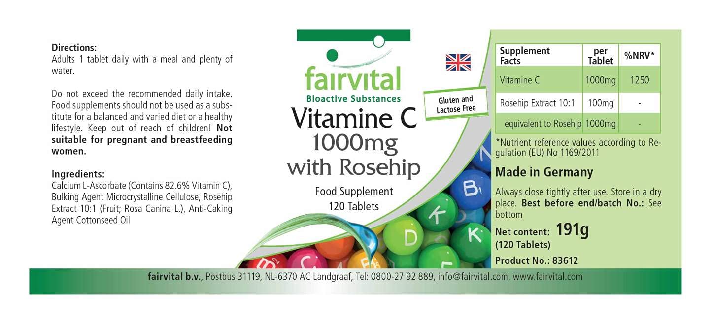 fairvital Vitamina C 1000 mg, 500 compresse, ad alto dosaggio e con rosa canina, VEGANA, facile da deglutire e delicata sullo stomaco, CONFEZIONE GRANDE