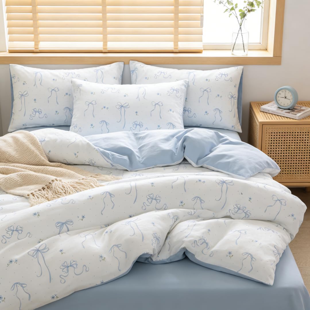 Covebett Single Bedding Set White Blue Bow Flower Microfibre Reversible Duvet Cover Sets Cute Bows Flowers Floral Aesthetic Girls Quilt Cover 135x200 cm with Zipper Closure and 1 Pillowcase 50x75 cm — image 1
