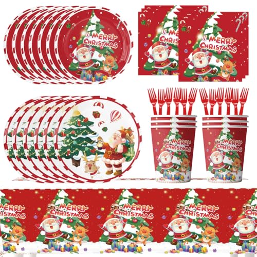 APPCRFM Vajilla de Fiesta de Navidad, Navidad Vajilla Temática, Christmas Party Tableware, Platos Vasos de Papel Servilletas y Manteles de Papel para 10 Personas - 61PCS