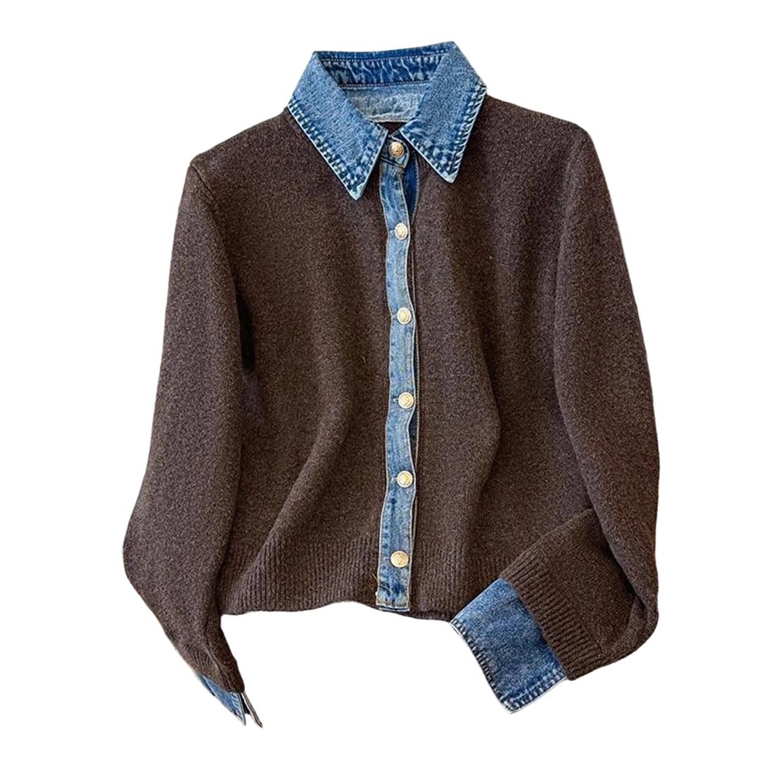 Women Sweaters Cardigan Denim Spliced Turn Down Collar Knit Coat
