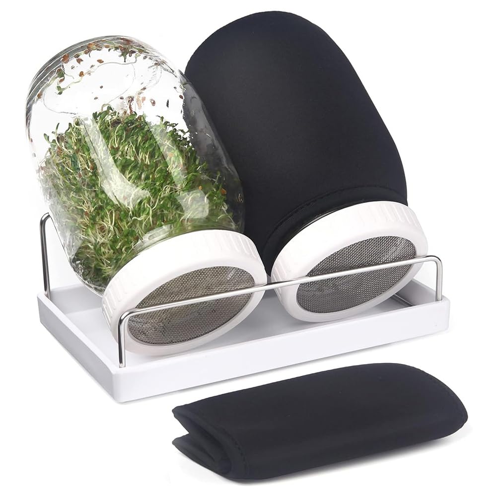 Hndhbfgrt Sprouting Kit for Growing Broccoli, Alfalfa- 2 Quart Wide Mouth Jars with Screen Lids(32 Oz), Stand and Brush Included