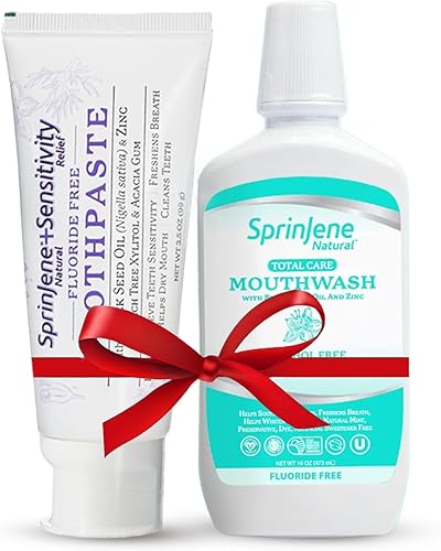 SprinJene Alivio natural de la sensibilidad, pasta de dientes sin flúor para dientes sensibles (paquete de 4) + enjuague bucal sin flúor y sin