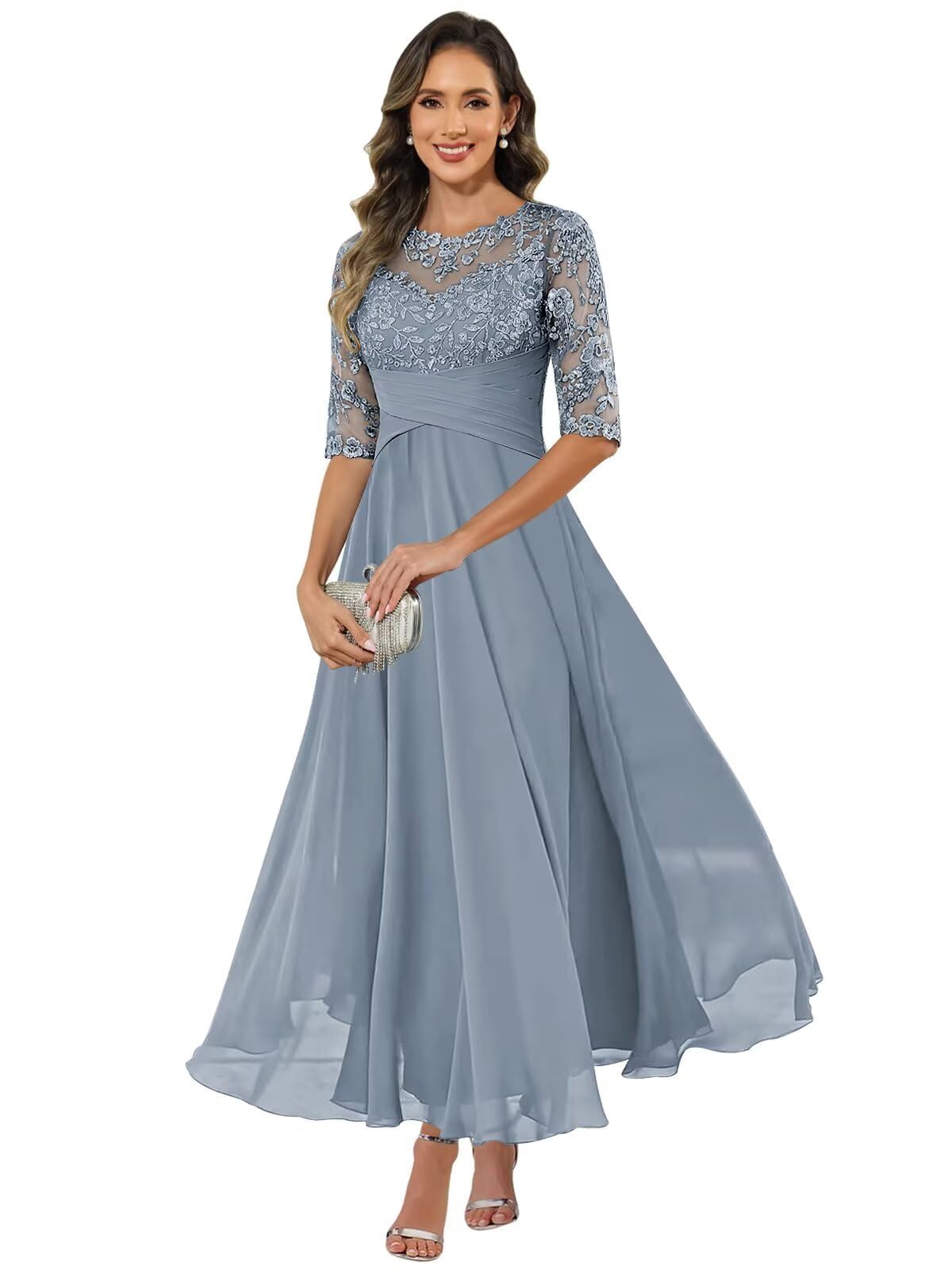 HUINI Damen Brautmutterkleid Chiffon Lang - Spitzen Formales Abendkleid Kleider Halbärmel A-Linie Festliche Für Hochzeit Staubblau 42