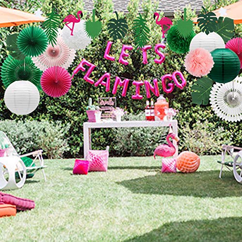 Image of 14 Pcs Tropical Party Decorations Set - Pre-Strung Flamingo Banner, Paper Fans, Lanterns & Palm Leaves - Hawaiian Themed Luau Party Decorations for Summer Beach, Pool & Birthday