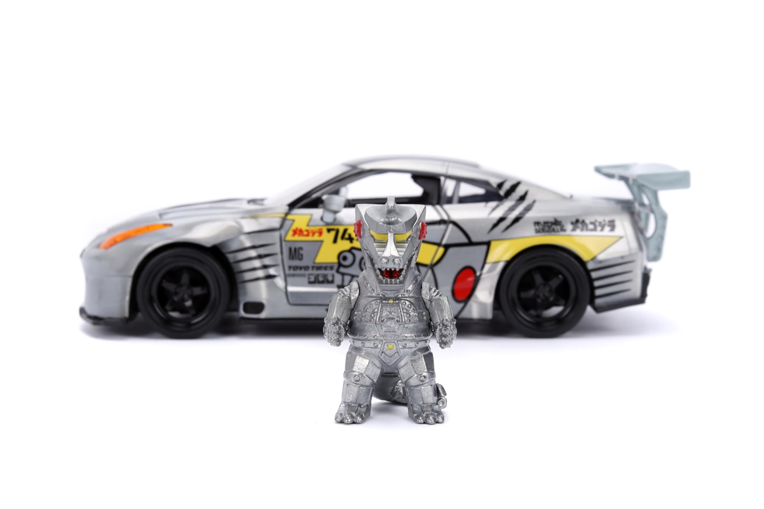 Jada Toys MechaGodzilla Auto Nissan GT-R R35 Ben Sopra 2009 (19 cm) z figurką (7 cm) – model samochodu z częściami do otwierania, zestaw zabawek z metalu dla fanów i dzieci od 8 lat