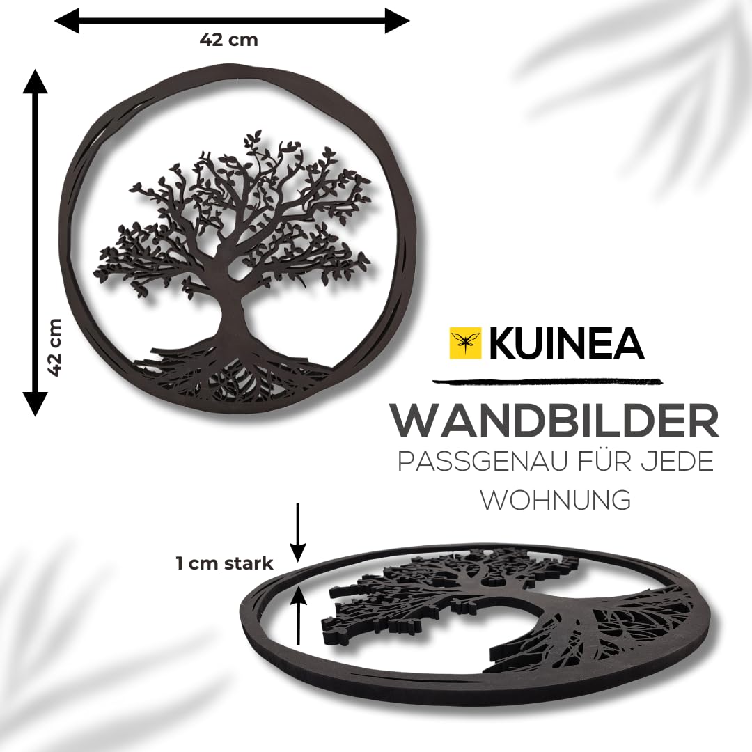 KUINEA® Baum des Lebens Wandbild Ø42cm – Runde Holzdekoration in Anthrazit für Wohnzimmer, Schlafzimmer & Büro | Moderne Natur-Deko aus MDF Holz