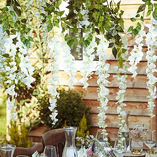 Weispark Fake Hanging Flowers - 12 Pieces 3.75 Feet/Piece Artificial Wisteria Vine Ratta Hanging Garland Silk Flowers For Home Party Wedding Decor (White) #TOP6