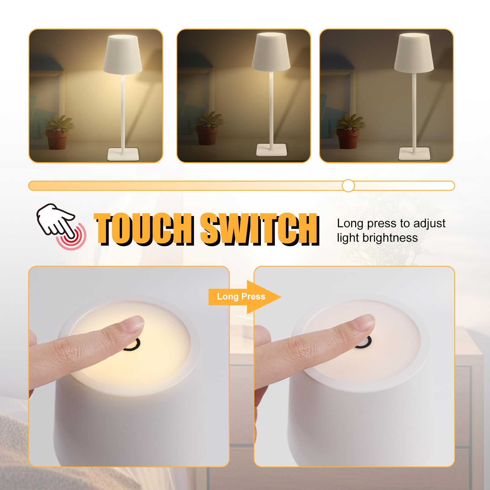EXTRASTAR Rechargeable Table Lamp, Cordless Lamp 3 Color Dimmable, Metal Touch Bedside Lamp for Living Room Bedroom Office Study-White - Image 3