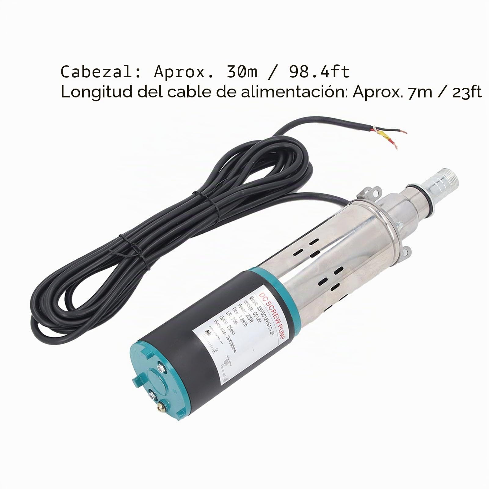 Bomba Solar para Pozo Profundo, 12 V, Acero Inoxidable, Tornillo, Sumergible, Corriente Continua, para Riego Agrícola, Estanque, Abrevadero, 30 M Altura, Caudal 1,2 M³/H