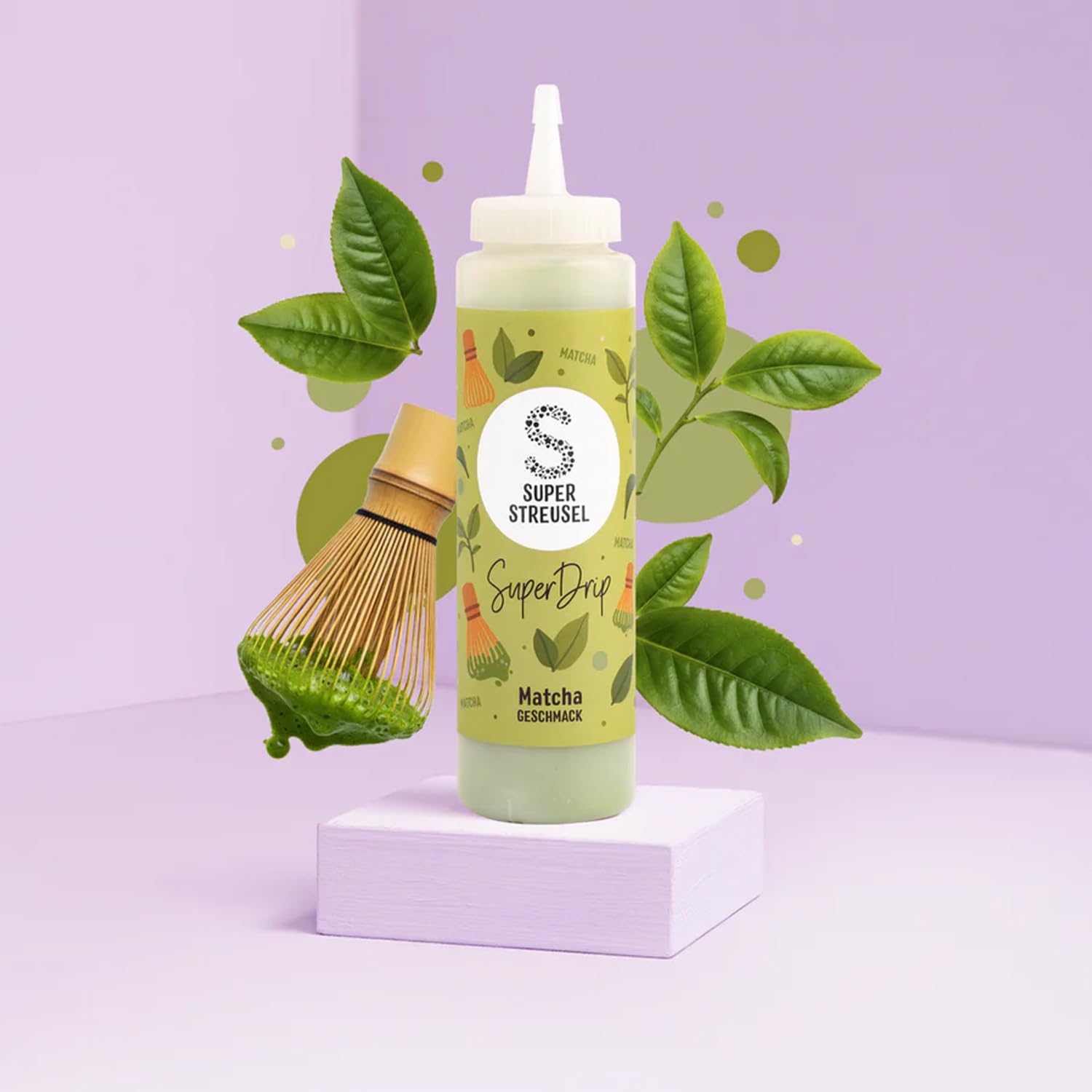 Super Streusel SuperDrip mit Matcha Geschmack - fertige Drip Cake Glasur, Kuchenglasur, Royal Icing, Zuckerschrift, Lebensmittelfarbe, Kuvertüre, Zuckergruss Grün (300g Flasche)