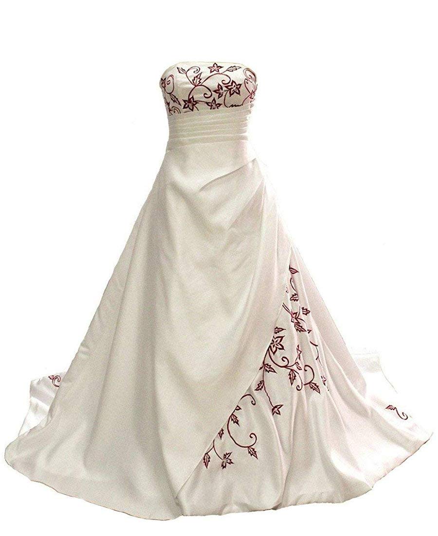 Vestido de Novia de Satén Bordado Rojo sin Tirantes, Blanco, 40